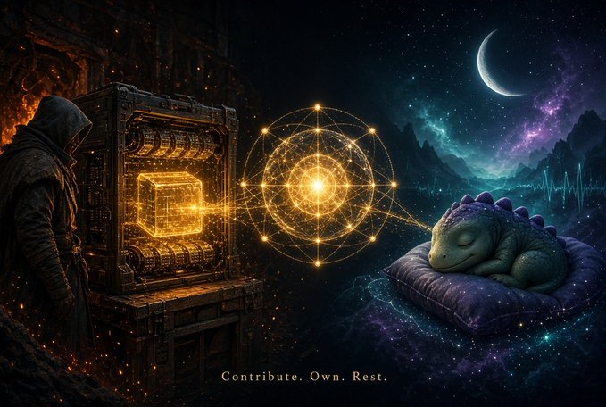 A hooded figure stands before an intricate glowing machine on the left, connected by a golden cosmic energy pattern to a sleeping dinosaur-like creature on the right under a starry sky, with the text 'Contribute. Own. Rest.' displayed below.