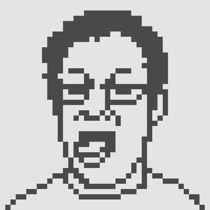 A minimalist black-and-white pixel art portrait of a bearded man's face and shoulders, rendered in a chunky low-resolution style.