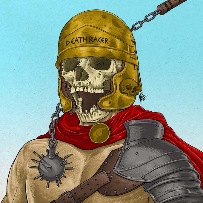 A skeletal warrior wearing a yellow helmet labeled "DEATH RAKER" with a skull emblem, red cape, spiked shoulder armor, and a chain-wrapped mace matches the "DEATH RACER #007" NFT being promoted on XRP Cafe.