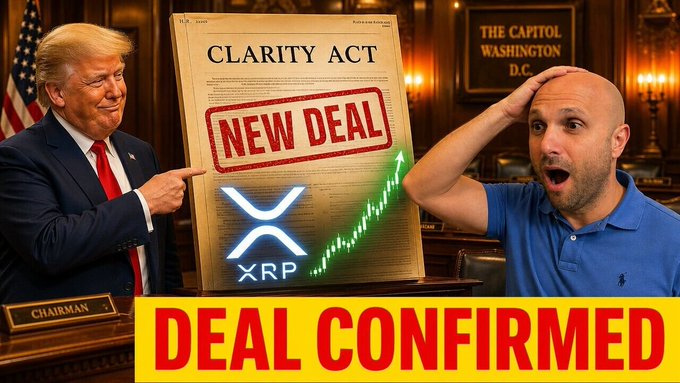 Donald Trump points to a document labeled "CLARITY ACT NEW DEAL" with the XRP logo and a rising graph, while a man reacts in shock, all overlayed with "DEAL CONFIRMED" in large yellow text. This image visually represents the "deal" being discussed in the accompanying post, likely related to the XRP cryptocurrency and its potential legislative or financial implications.