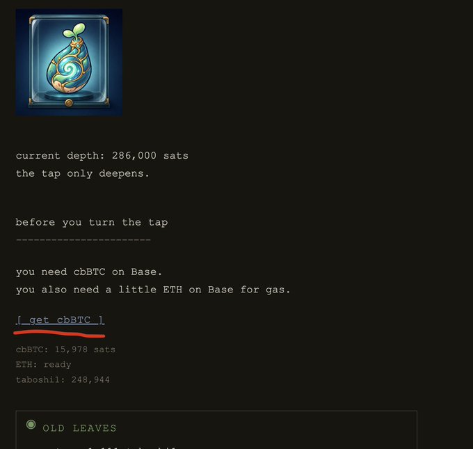 A dark-themed digital interface showing a small blue potion-like item icon, with text reading 'current depth: 286,000 sats,' instructions about needing 'cbBTC on Base' and 'a little ETH on Base for gas,' and a button labeled 'I get cbBTC!'