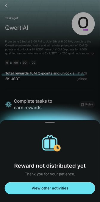 A Task2get app screen showing the 'QwertiAI' event task with a 'Reward not distributed yet' message and a 'View other activities' button.