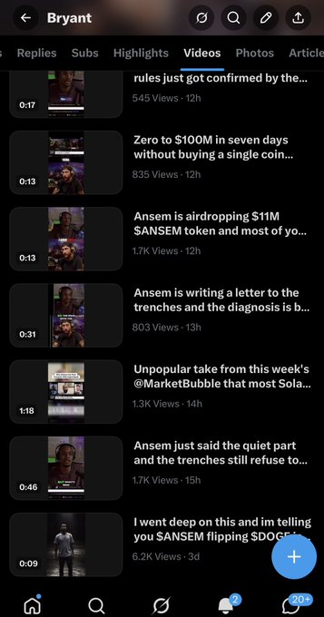 A Twitter/X profile page for 'Bryant' showing the Videos tab with various cryptocurrency-related clips about $ANSEM token, market takes, and trading topics.
