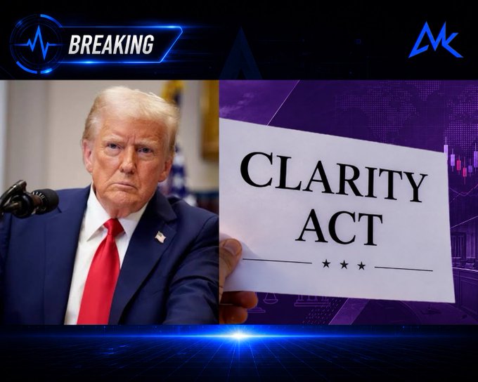 The image displays Donald Trump next to a sign reading "CLARITY ACT," visually linking the former president to the legislation central to the breaking news headline about the World Liberty Trust charter approval.