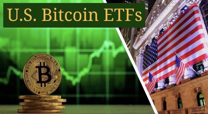 The image features the headline "U.S. Bitcoin ETFs" displayed prominently over a split visual of a golden Bitcoin coin stacked atop coins with a rising green chart, alongside American flags outside what appears to be the New York Stock Exchange—visually tying together the post's theme of tracking U.S. Bitcoin ETF inflows and market activity.