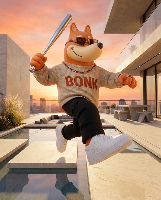 A 3D-rendered cartoon dog character wearing a 'BONK' sweater, sunglasses, gold chain, and white sneakers jumps while holding a baseball bat on a modern rooftop terrace at sunset.