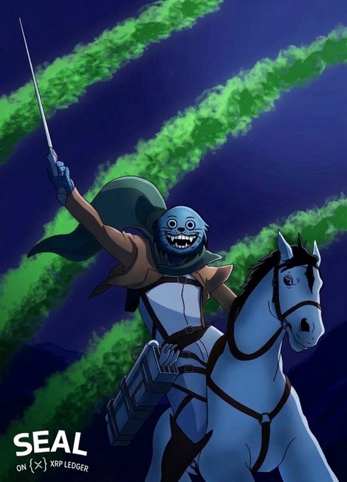 An anime-style illustration of a character wearing a smiling blue mask and a green hood, riding a blue horse while pointing a sword upward, with text 'SEAL ON [X] XRP LEDGER' in the bottom corner.