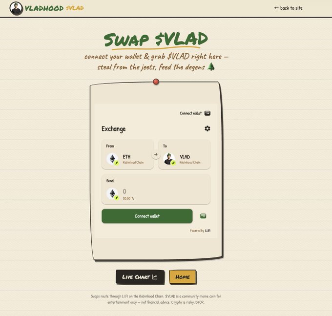 A webpage showing the "SWAP $VLAD" interface on vladhood.xyz, featuring a wallet connection and exchange box for converting ETH to $VLAD on Robinhood Chain, with a tagline reading "connect your wallet & grab $VLAD right here – steal from the jeets, feed the degens." The image illustrates the post's announcement that users can now buy and sell $VLAD directly through the site's swap feature after Uniswap restricted access to the token on its interface.