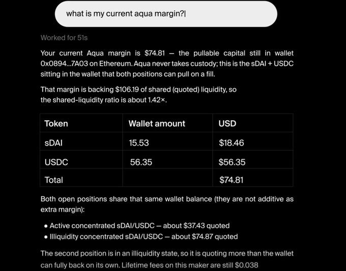 A screenshot of an AI assistant response detailing the user's current Aqua margin of $74.81 in wallet 0x0894...7A03 on Ethereum, showing sDAI and USDC balances and shared-liquidity positions.