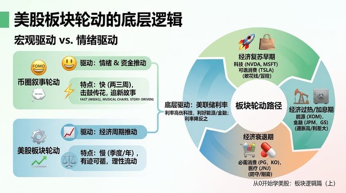 A Chinese-language infographic titled "美股板块轮动的底层逻辑" (The Underlying Logic of US Stock Sector Rotation) compares two driving forces: market-level rotation (sentiment & capital-driven, fast/weeks) versus macro-driven sector rotation (economic cycle-driven, slow/quarterly-yearly). The circular diagram maps sectors across economic phases—Early Expansion (NVDA, MSFT, TSLA, commodities), Overheated (Energy/XOM, Financials/JPM, Industrials/GS), Recession (Consumer Staples/PG, Healthcare/KO, Pharma/JNJ, Defense/LMT), and a Fed interest rate cycle as the underlying driver. The image visually reinforces the post's introduction to sector rotation logic by distinguishing short-term narrative-driven moves from longer-term macro cycle-driven flows.
