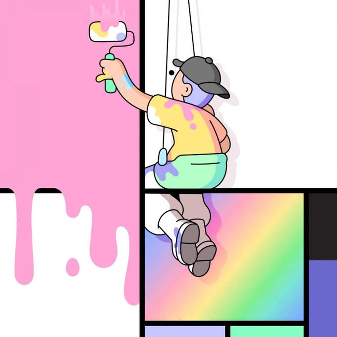 The image features an illustration of a man painting a wall with a roller brush, wearing a hat and holding a paint can. The scene includes a rainbow-colored background that adds vibrancy to the overall composition. The caption below the image reads "I brought up to my family that @doodles is doing a collab with the Mondrian Estate and they were shocked... Is that a pretty big deal in the NFT world? I wanna see what it looks like." This suggests that the painting depicted could be related to or inspired by the famous artist, Piet Mondrian. The post seems to be discussing this connection, possibly sparking interest among art enthusiasts who appreciate both traditional and modern art forms.