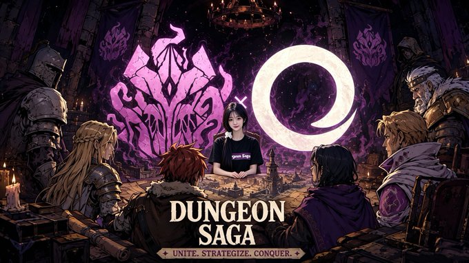 Artwork for 'DUNGEON SAGA' with the tagline 'UNITE. STRATEGIZE. CONQUER.', featuring fantasy characters gathered around a table beneath a glowing purple emblem and moon symbol, with a person wearing a 'Moon Saga' shirt in the center.