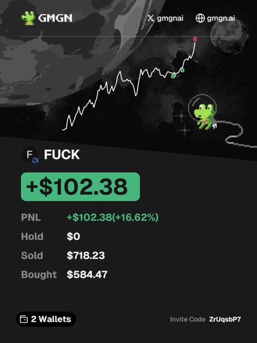GMGN.ai trading platform showing a portfolio named 'FUCK' with a profit of +$102.38 (+16.62%), with $718.23 sold and $584.47 bought across 2 wallets.