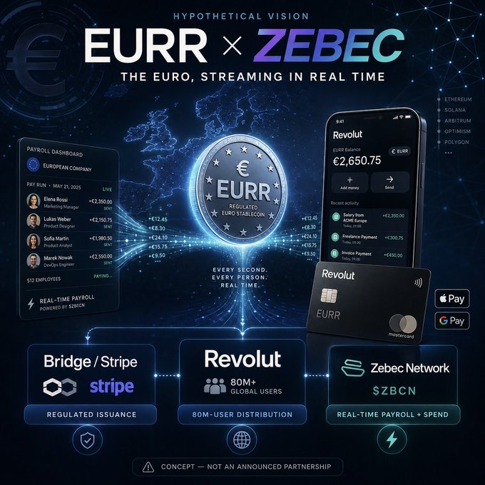 A promotional graphic for a hypothetical 'EURR × ZEBEC' partnership, featuring a Euro-styled coin, a Revolut app mockup, a payroll dashboard, and logos for Bridge/Stripe, Revolut, and Zebec Network.