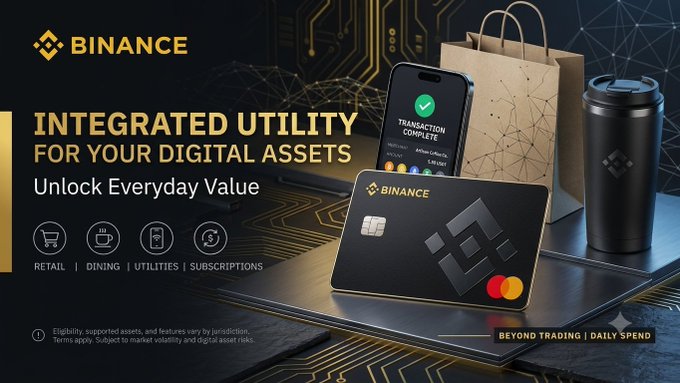 A Binance advertisement promoting their crypto card with the text 'INTEGRATED UTILITY FOR YOUR DIGITAL ASSETS - Unlock Everyday Value,' featuring icons for Retail, Dining, Utilities, and Subscriptions, alongside a phone showing 'TRANSACTION COMPLETE' and a branded black card.