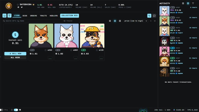 NFT marketplace interface for a collection called SATOSHIRA showing various cat and character-based NFTs available for bidding, with instant sell option at 0.31.