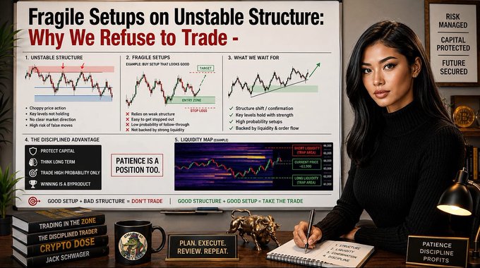A trading education graphic titled 'Fragile Setups on Unstable Structure: Why We Refuse to Trade' featuring a woman in a black turtleneck, charts, and books including 'Crypto Dose' by Jack Schwager.