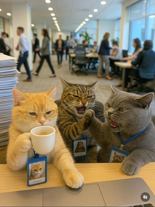 An AI-generated image of three office cats wearing ID badges and glasses sitting at a desk in a busy corporate workspace, with one orange cat holding a coffee mug.
