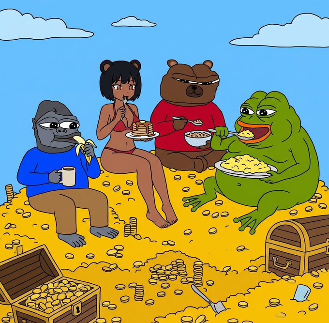 A cartoon illustration shows various anthropomorphic characters including a gorilla, bear-like creatures, and a frog sitting on a pile of gold coins, eating food like pancakes, cereal, and bananas, with a treasure chest in the foreground.