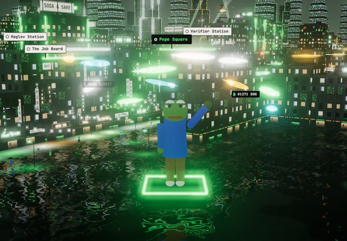 A screenshot from a virtual game or metaverse featuring a blocky green character resembling Kermit the Frog standing on a glowing green platform in a futuristic cityscape with green neon lights and stations like 'Maglev Station' and 'Verifier Station'.