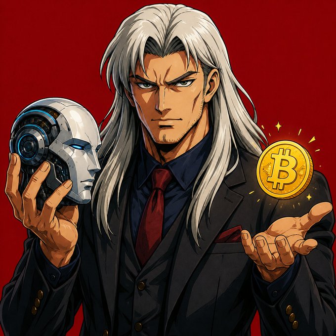 Anime-style illustration of a stern, long white-haired man in a dark suit holding a robotic/cyborg head in one hand and a glowing Bitcoin coin in the other against a red background.