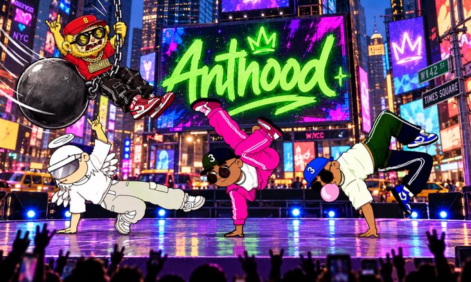 A vibrant Times Square-style illustration featuring cartoon characters breakdancing under a neon 'Anthood' sign