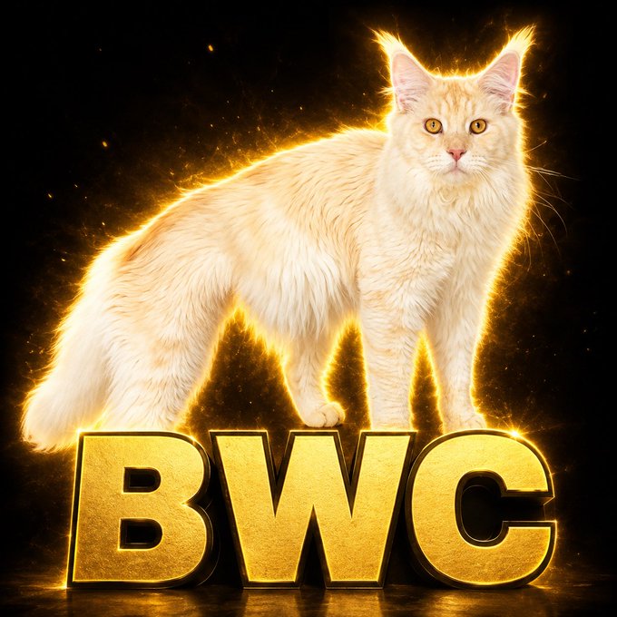 A glowing white cat stands majestically behind large, illuminated gold letters spelling 'BWC' against a dark, sparkling background.
