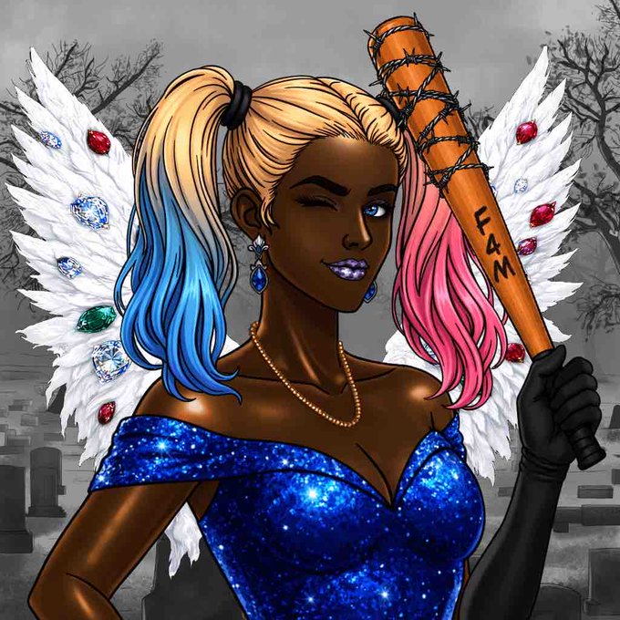 A colorful comic-style illustration of a woman with blonde, blue, and pink pigtails wearing a sparkling blue dress, holding a barbed-wire wrapped baseball bat labeled "FAM" with white jeweled wings behind her.