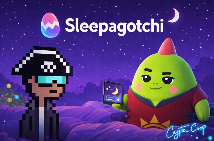 The image features a cartoon character wearing a pirate hat holding an egg while another character with a green head stands next to them. The text "@sleepagotchi" appears, which could be related to the game or the concept of digital ownership. The image also includes a caption that reads, "Most people think of digital ownership as tokens, NFTs, or onchain assets But some of the most valuable data we generate every day comes from our own behavior." This might be an advertisement for the game Sleepagotchi, which encourages players to track their sleep patterns and use the data generated by the game to improve their sleep habits.