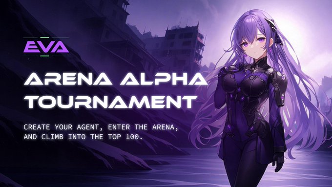 The image features an anime advertisement for the game "EVA" that showcases a woman with purple hair dressed in a futuristic outfit walking through a cityscape, holding a sign. The text of the advertisement reads "EVA Arena Alpha Tournament". It seems like the advertisement is promoting a new video game or event related to the "EVA" series.