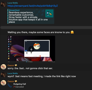 A Discord chat screenshot shows users 'Luca Stella' sharing a 'streamyard' invite link, with 'Ceazzor' joking 'sorry, the .fast..not gonna click that ser.'