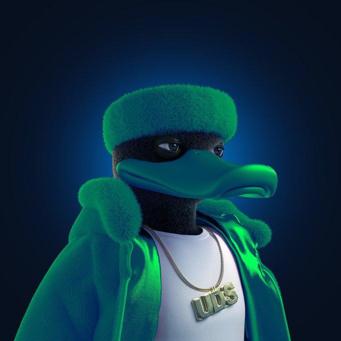 A 3D-rendered anthropomorphic duck character with a black mask and green fur-trimmed jacket wears a gold chain with a 'WUDS' pendant against a dark blue background.