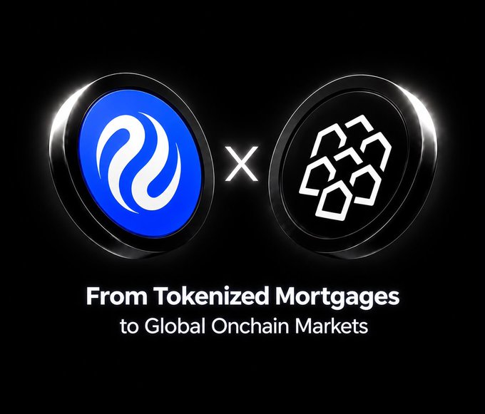 A promotional graphic showing two crypto coin logos (Sui on the left and a building-block icon on the right) joined by an 'x', captioned 'From Tokenized Mortgages to Global Onchain Markets'.