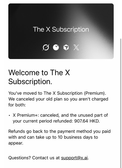 A welcome screen for 'The X Subscription' confirming the user's move to Premium and cancellation of X Premium+ with a 907.64 HKD refund, including support contact support@x.ai.