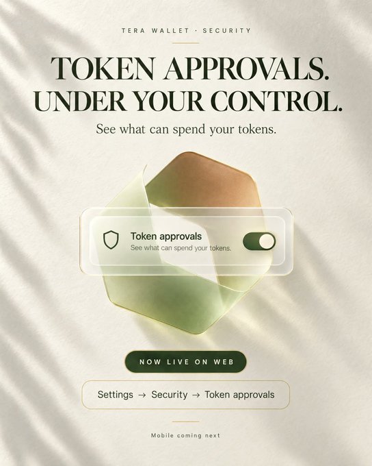 Promotional graphic for Tera Wallet announcing a new 'Token Approvals' security feature, displaying a toggle switch interface and noting it is 'NOW LIVE ON WEB' with navigation path 'Settings → Security → Token approvals' and 'Mobile coming next'.
