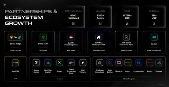 A dashboard titled 'PARTNERSHIPS & ECOSYSTEM GROWTH' showing 6500+ registered Beldex Name Service users, 3200+ active Masternodes, 11.72M+ burned BDX, and 8M+ USD raised, with logos of partners like Sigma Capital, Nugen, Thodex Roundtable, and Coin Edition.