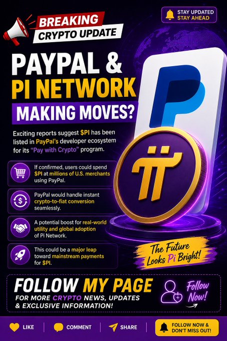 A promotional graphic titled 'BREAKING CRYPTO UPDATE' announces 'PAYPAL & PI NETWORK MAKING MOVES?' featuring the PayPal logo and Pi Network symbol, with text suggesting Pi has been listed in PayPal's developer ecosystem for its 'Pay with Crypto' program.
