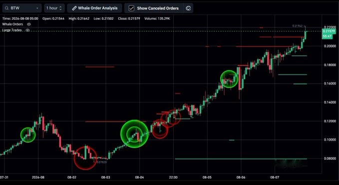 A candlestick chart of $BTW showing a strong uptrend from around 0.08000 to 0.21942 between August 2024, with whale order analysis displaying green circles (large buys) and red circles (large sells) marking significant order flow activity. The chart visually supports the post's bullish thesis by highlighting accumulating buy-side whale orders and rising volume of 139.29K alongside positive funding.