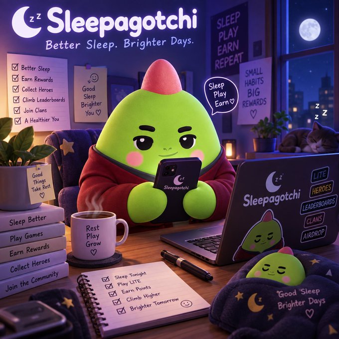 A promotional graphic for 'Sleepagotchi - Better Sleep. Brighter Days.' featuring a green cartoon character using a phone, alongside a cat, books, a coffee mug labeled 'Rest Play Grow', and a laptop showing 'LITE HEROES LEADERBOARDS CLANS AIRDROP'.