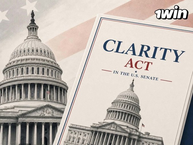 A graphic shows the U.S. Capitol building in the background and a document titled 'CLARITY ACT IN THE U.S. SENATE' in the foreground, with a '1win' logo in the corner.