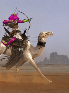 An action shot of a person in colorful, vibrant traditional clothing riding a galloping white camel through a desert landscape, drawing a bow and arrow.