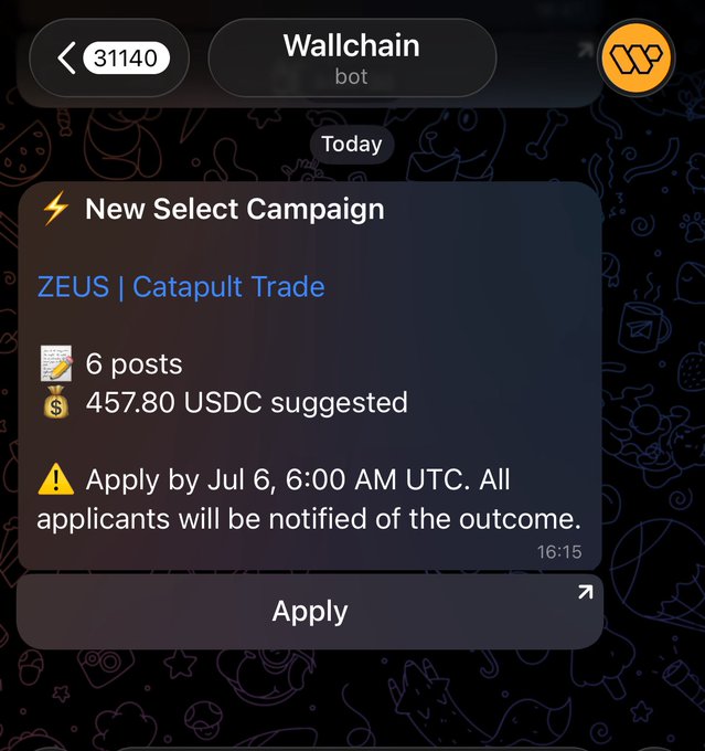 A Telegram message from the Wallchain bot advertising a new "Select Campaign" for ZEUS | Catapult Trade, offering 6 posts with a suggested payout of 457.80 USDC and an application deadline of July 6, 6:00 AM UTC. The image illustrates the user's frustration about campaign suggestions, showing their suggested payout of $76.30 per post (457.80 ÷ 6) versus the user's much lower offer of $75 per post, highlighting the contrast between bot suggestions and actual earnings.