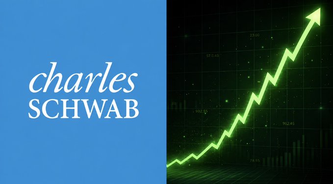 A split image featuring the 'charles SCHWAB' logo on a blue background alongside a green stock chart with an upward-trending arrow.