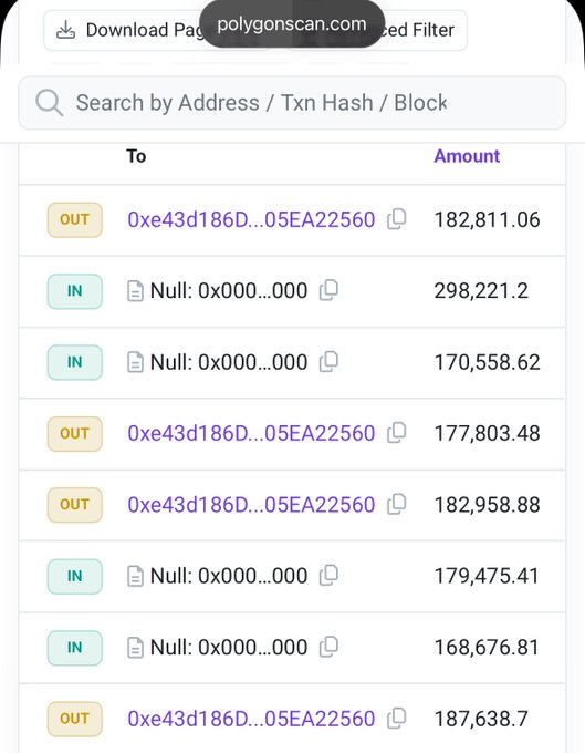 A screenshot from polygonscan.com showing a list of cryptocurrency transactions with IN and OUT labels, including a transfer of '182,811.06' to address '0xe43d186D...05EA22560'.