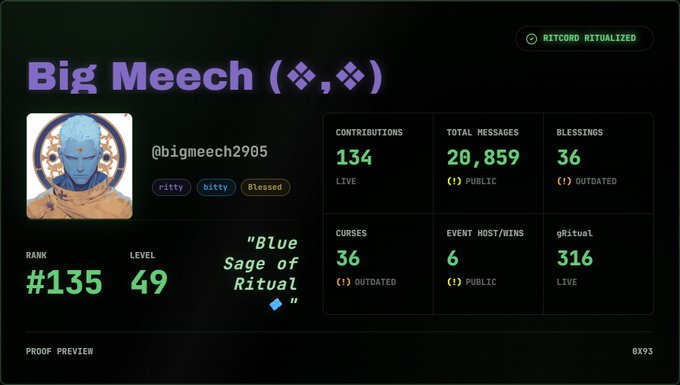 A Ritcord Profile Card for "Big Meech" (@bigmeech2905) displays Discord ritual stats including 134 contributions, 20,859 total messages, 36 blessings, 36 curses, 6 event host wins, and a gRitual of 316, ranking #135 at level 49 with a "Blue Sage of Ritual" title. The "Ritcord Ritualized" badge at the top matches the post's promotion of the Ritcord d'app for tracking Discord ritual statistics.