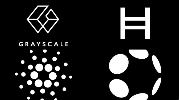 The image features four cryptocurrency logos on a black background: Grayscale's cube emblem with "GRAYSCALE" text beneath it, Cardano's circular dot pattern ($ADA), Hedera's stylized "H" ($HBAR), and Polkadot's ring of dots ($DOT). It visually represents the three altcoin ETFs that Grayscale has voluntarily withdrawn its filings for, as mentioned in the accompanying whale watch update.