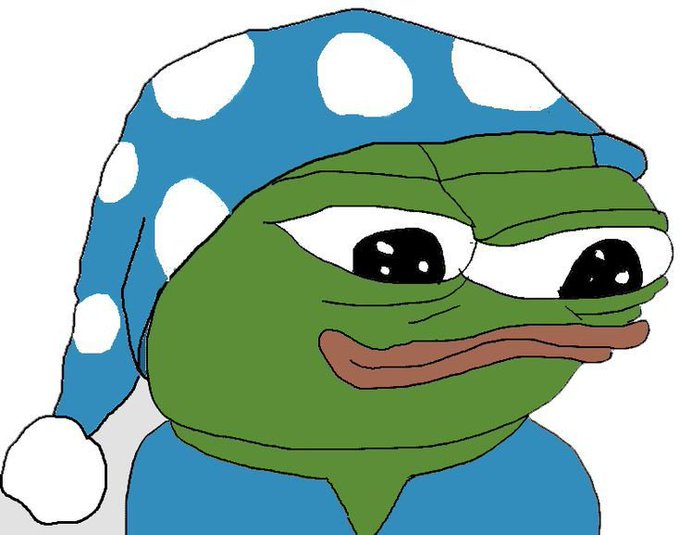 An illustration of a Pepe the Frog character wearing a blue nightcap with white polka dots and a blue shirt.