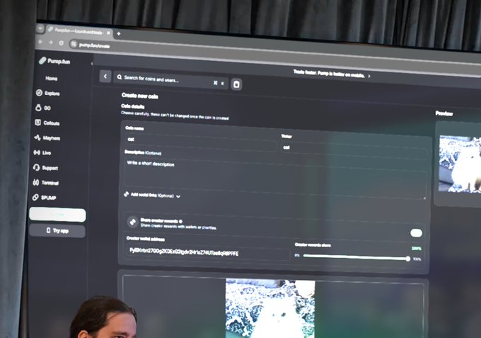 A photograph of a large screen displaying the 'Pump.fun' website interface, specifically the 'Create new coin' page, with a person partially visible in the lower left corner.