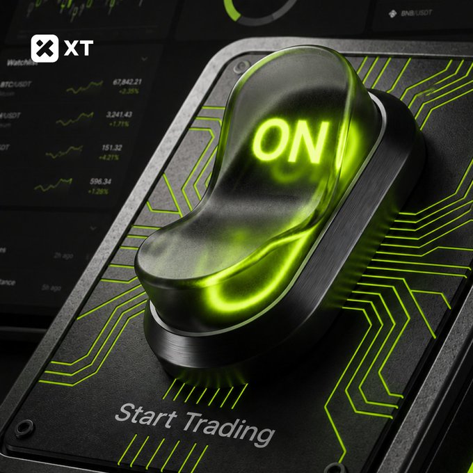 A glowing green toggle switch labeled "ON" sits on a dark panel above the text "Start Trading," with the XT exchange logo and crypto market data (including BTC/USDT at 67,842.21) visible in the background—visually reinforcing the prompt's invitation to activate a single trade on XT Exchange.