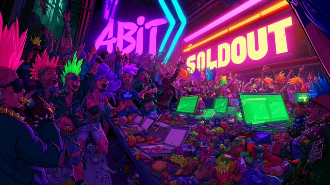 A vibrant cyberpunk-style illustration depicts a packed, neon-lit crowd of mohawked fans cheering behind a barricade littered with trash, with glowing screens and bold neon text reading "4BIT" and "SOLD OUT," visually celebrating the sold-out status of the 4-Bit NFT collection teased in the post.